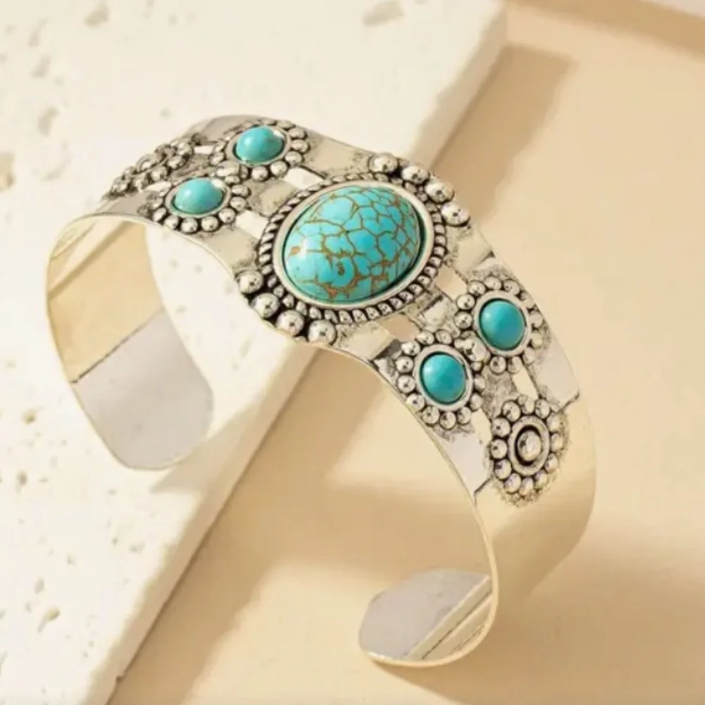 TURQUOISE & Silver Embossed Open Cuff Adjustable Bangle Bracelet NIB